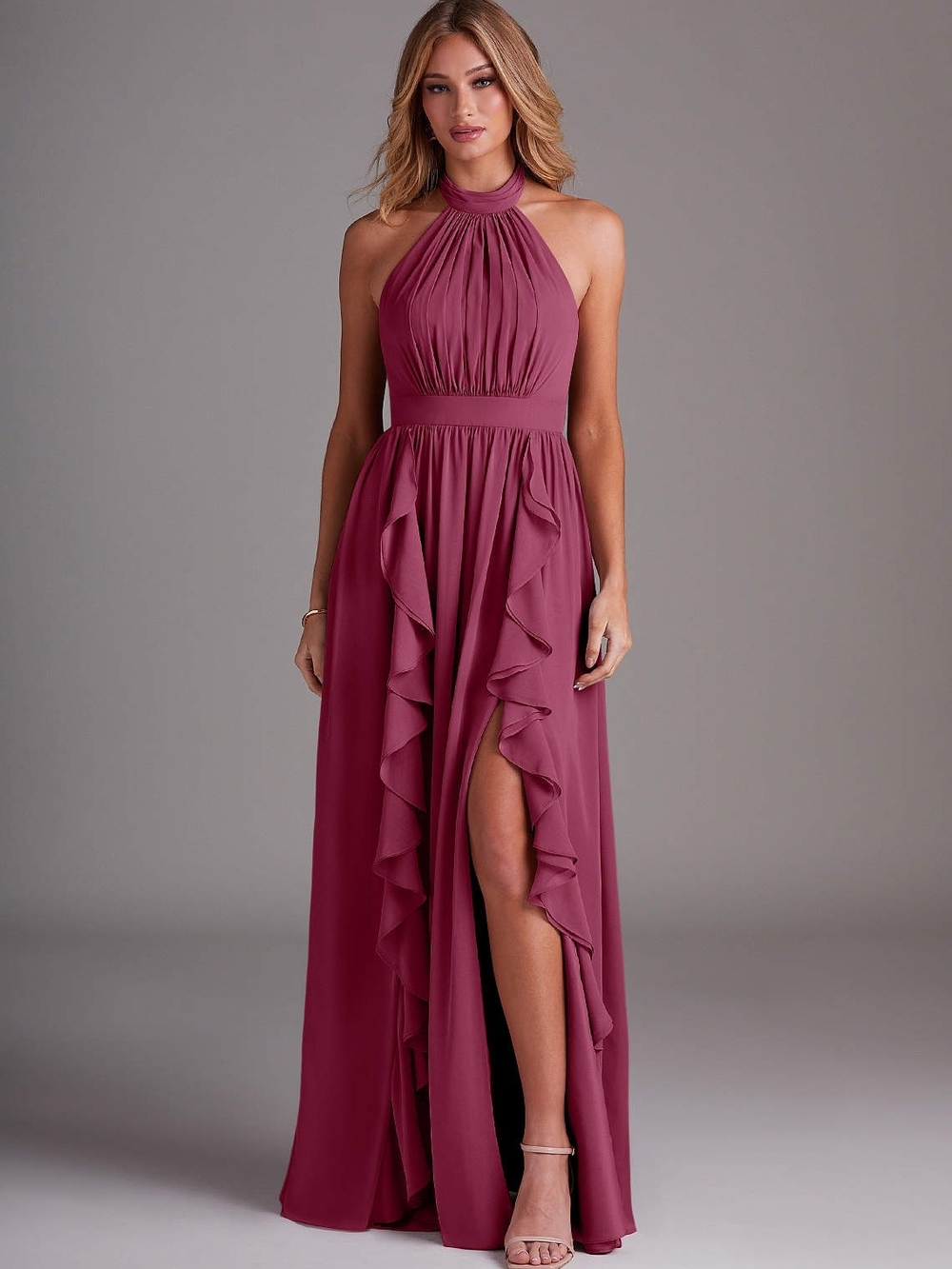 Azazie Avary Mulberry 10 Elegant Halter Ruffle-Front Maxi Dress Bridesmaid